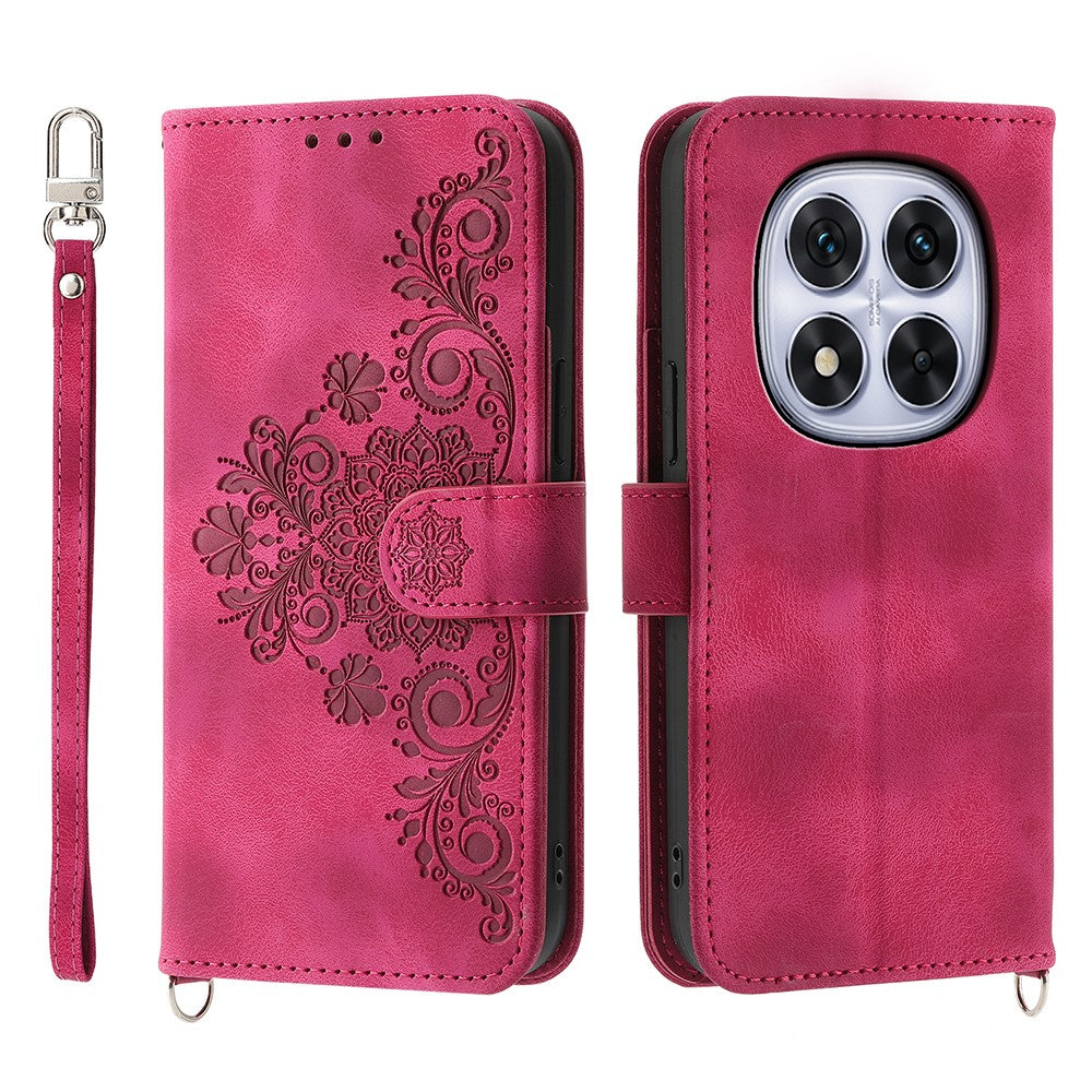 For Xiaomi Redmi Note 15 Pro 4G (Global) Case Flower Pattern PU Leather Wallet Phone Cover with Strap - Wine Red