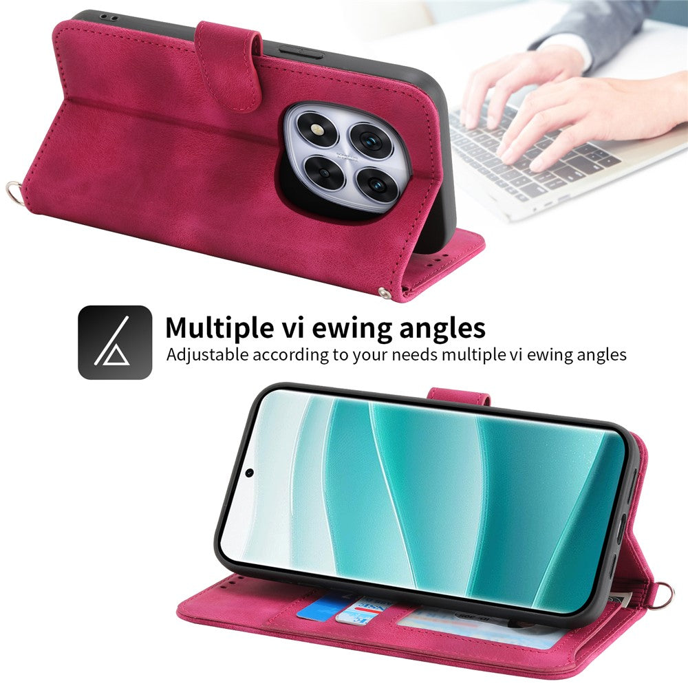 For Xiaomi Redmi Note 15 Pro 4G (Global) Case Flower Pattern PU Leather Wallet Phone Cover with Strap - Wine Red