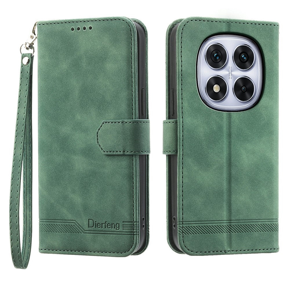 DIERFENG DF-03 For Xiaomi Redmi Note 15 Pro 4G (Global) Case Lines Imprint Wallet Leather Phone Cover with Wrist Strap - Green