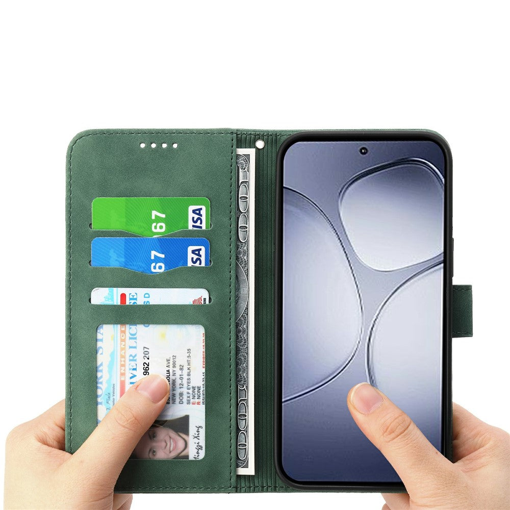 DIERFENG DF-03 For Xiaomi Redmi Note 15 Pro 4G (Global) Case Lines Imprint Wallet Leather Phone Cover with Wrist Strap - Green