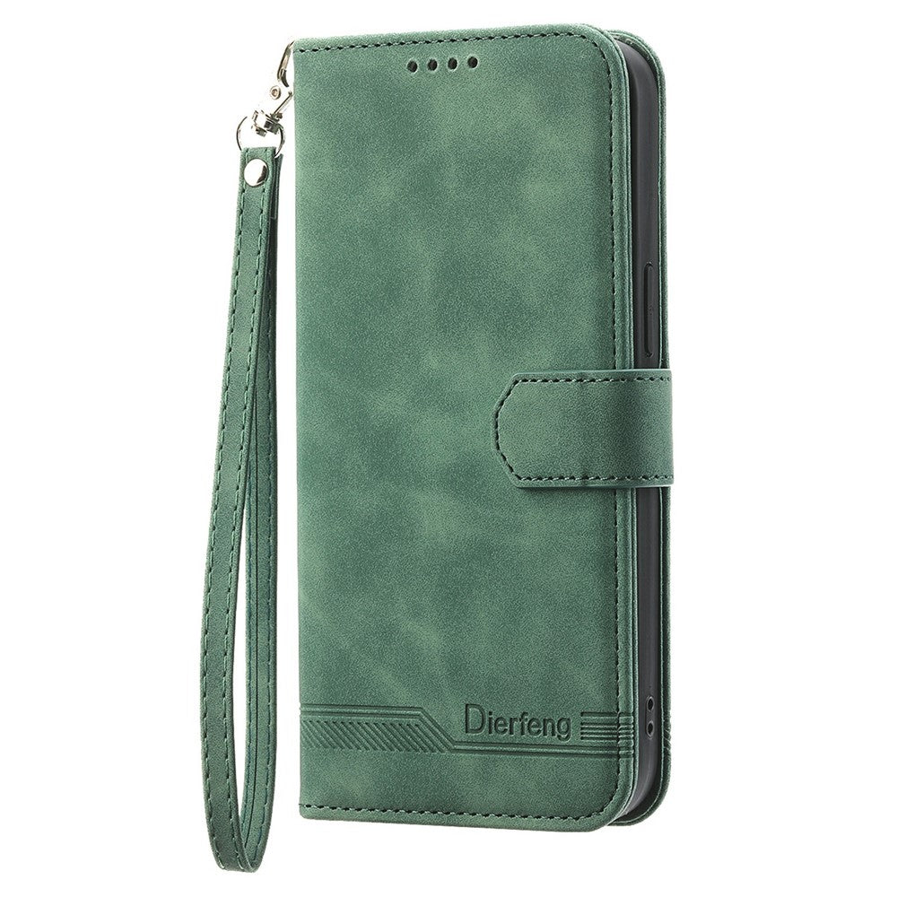 DIERFENG DF-03 For Xiaomi Redmi Note 15 Pro 4G (Global) Case Lines Imprint Wallet Leather Phone Cover with Wrist Strap - Green