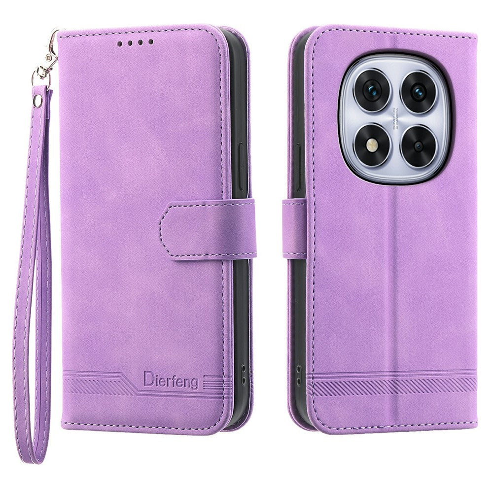 DIERFENG DF-03 For Xiaomi Redmi Note 15 Pro 4G (Global) Case Lines Imprint Wallet Leather Phone Cover with Wrist Strap - Purple