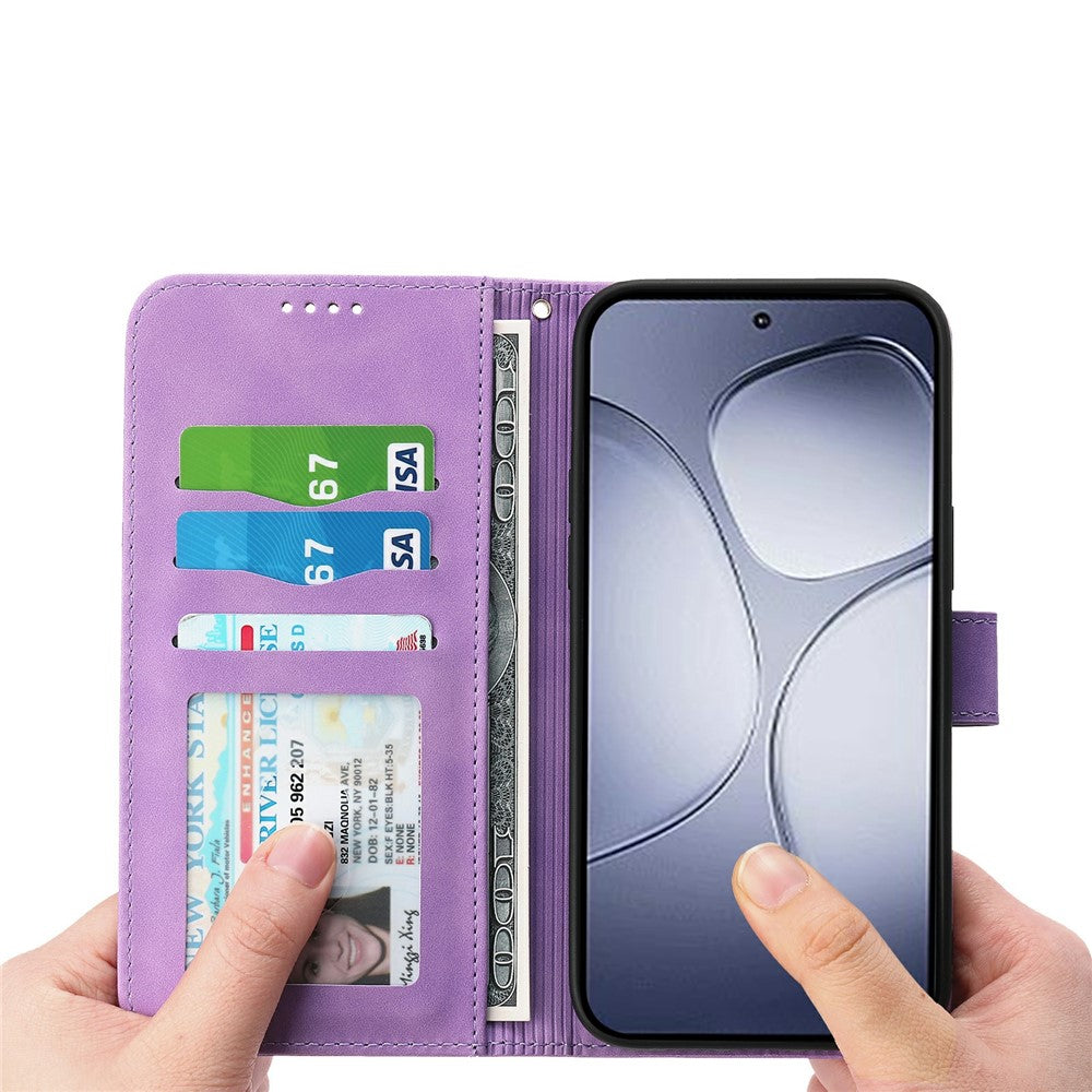 DIERFENG DF-03 For Xiaomi Redmi Note 15 Pro 4G (Global) Case Lines Imprint Wallet Leather Phone Cover with Wrist Strap - Purple