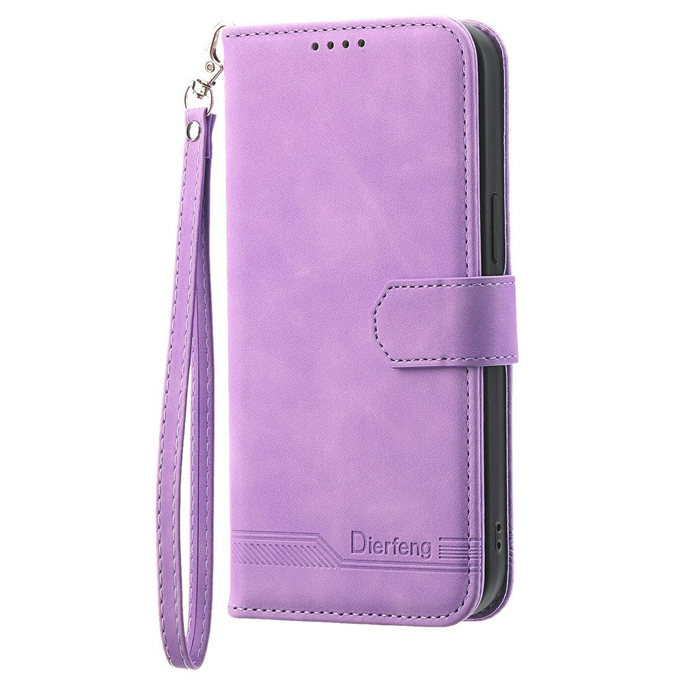 DIERFENG DF-03 For Xiaomi Redmi Note 15 Pro 4G (Global) Case Lines Imprint Wallet Leather Phone Cover with Wrist Strap - Purple