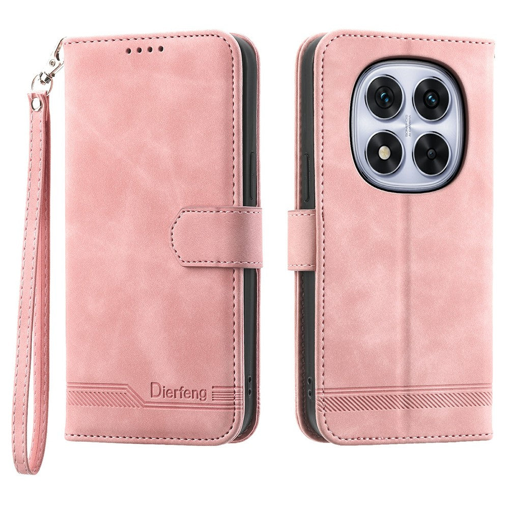DIERFENG DF-03 For Xiaomi Redmi Note 15 Pro 4G (Global) Case Lines Imprint Wallet Leather Phone Cover with Wrist Strap - Pink