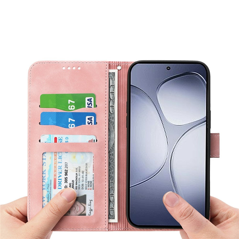 DIERFENG DF-03 For Xiaomi Redmi Note 15 Pro 4G (Global) Case Lines Imprint Wallet Leather Phone Cover with Wrist Strap - Pink