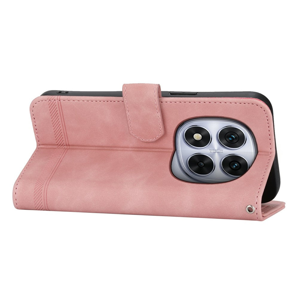 DIERFENG DF-03 For Xiaomi Redmi Note 15 Pro 4G (Global) Case Lines Imprint Wallet Leather Phone Cover with Wrist Strap - Pink