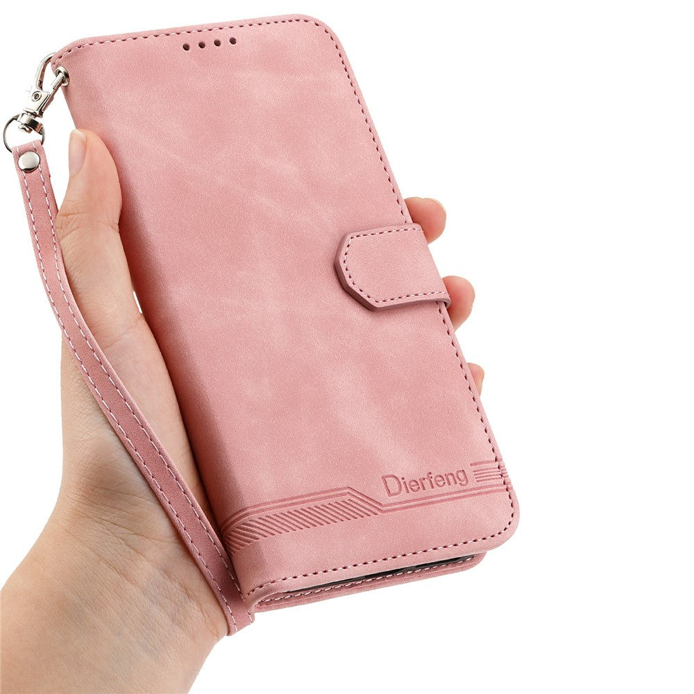 DIERFENG DF-03 For Xiaomi Redmi Note 15 Pro 4G (Global) Case Lines Imprint Wallet Leather Phone Cover with Wrist Strap - Pink