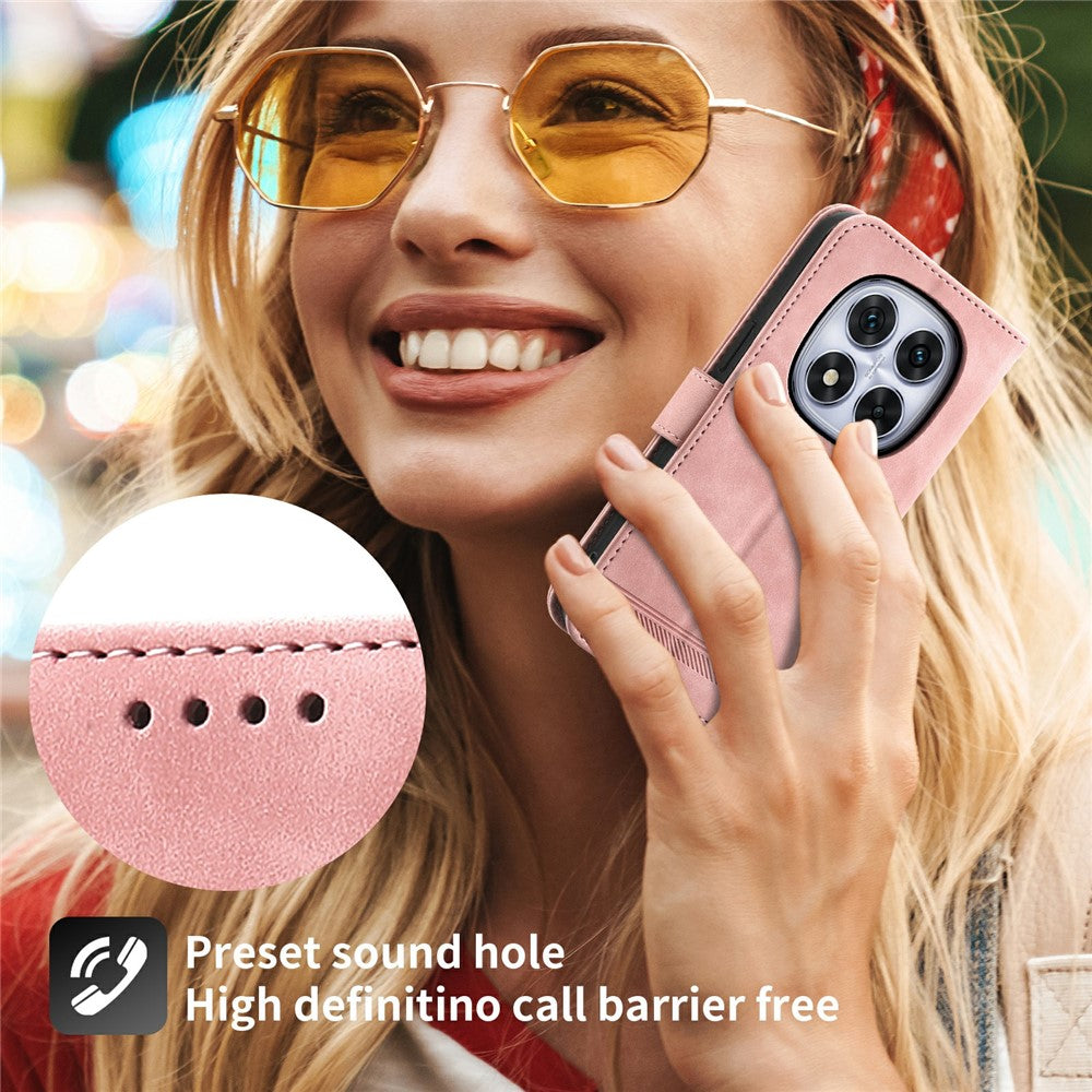 DIERFENG DF-03 For Xiaomi Redmi Note 15 Pro 4G (Global) Case Lines Imprint Wallet Leather Phone Cover with Wrist Strap - Pink