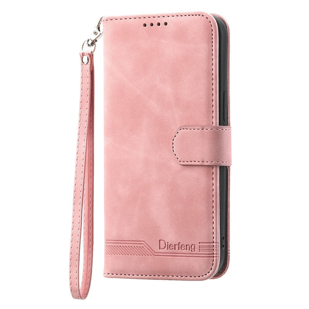 DIERFENG DF-03 For Xiaomi Redmi Note 15 Pro 4G (Global) Case Lines Imprint Wallet Leather Phone Cover with Wrist Strap - Pink