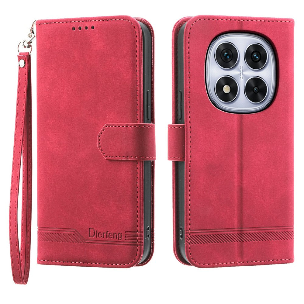 DIERFENG DF-03 For Xiaomi Redmi Note 15 Pro 4G (Global) Case Lines Imprint Wallet Leather Phone Cover with Wrist Strap - Red