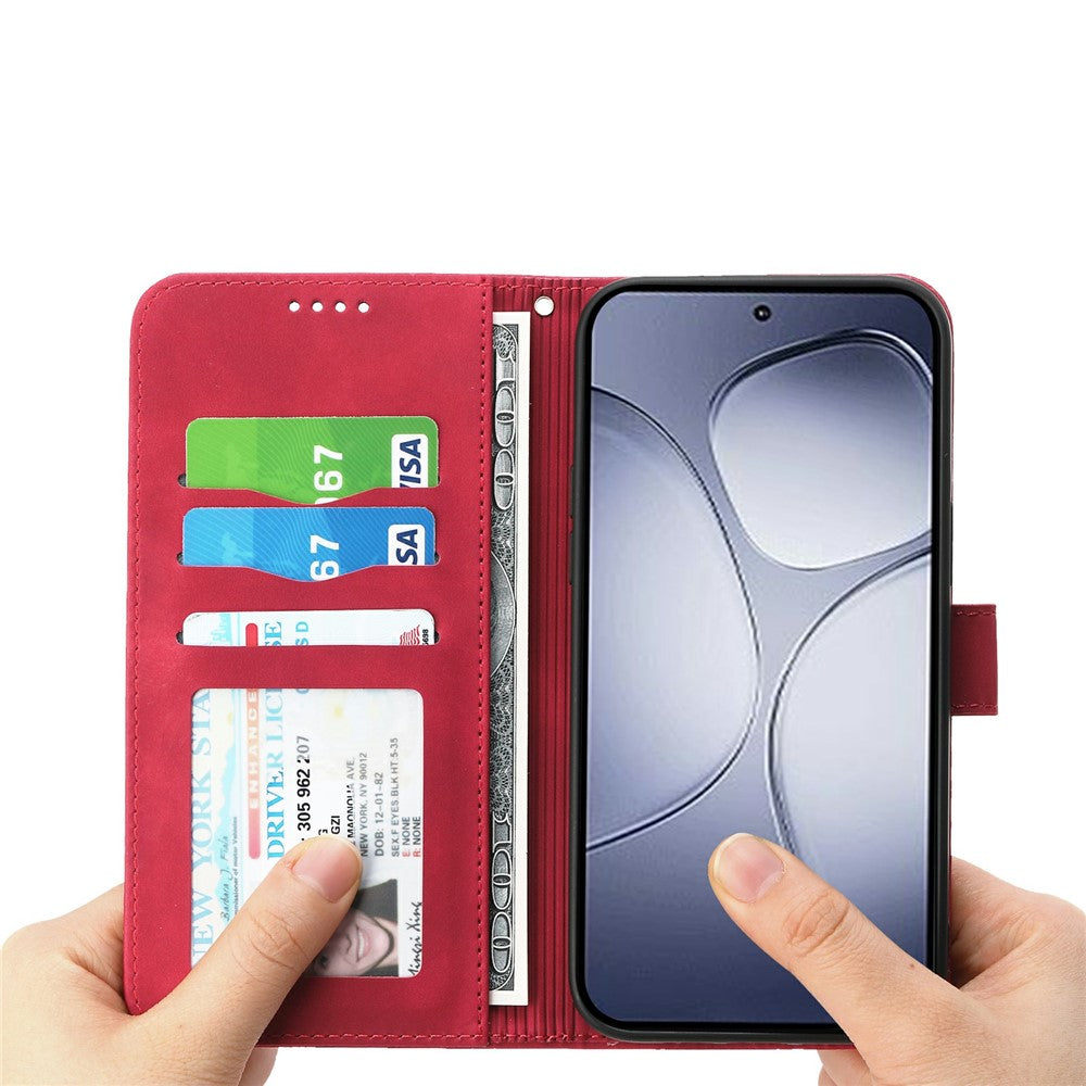DIERFENG DF-03 For Xiaomi Redmi Note 15 Pro 4G (Global) Case Lines Imprint Wallet Leather Phone Cover with Wrist Strap - Red