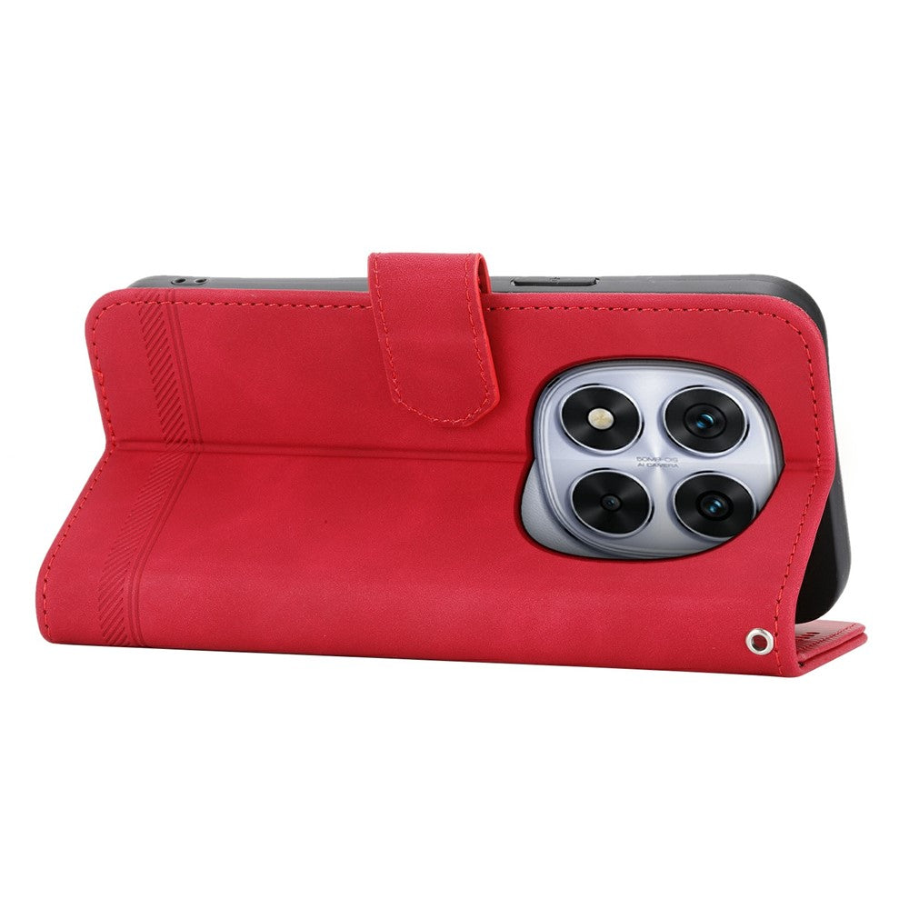 DIERFENG DF-03 For Xiaomi Redmi Note 15 Pro 4G (Global) Case Lines Imprint Wallet Leather Phone Cover with Wrist Strap - Red