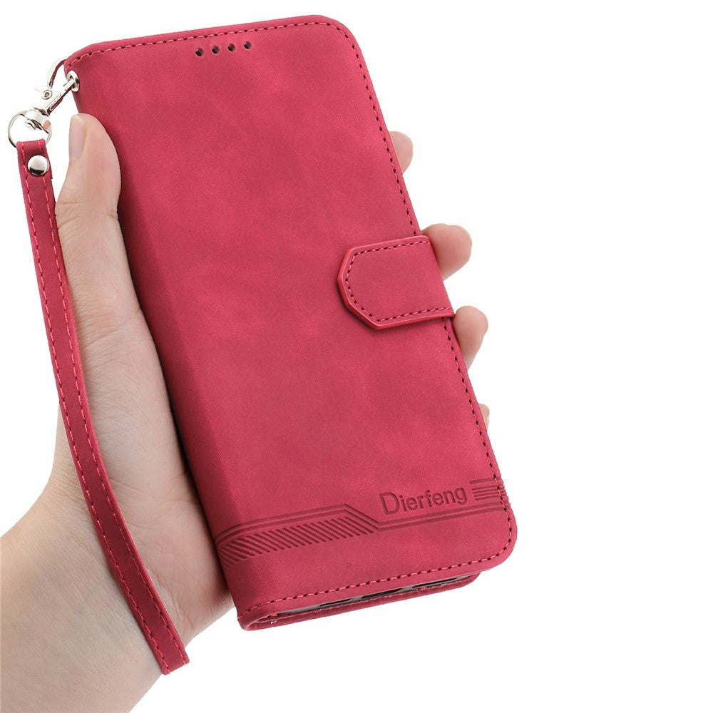 DIERFENG DF-03 For Xiaomi Redmi Note 15 Pro 4G (Global) Case Lines Imprint Wallet Leather Phone Cover with Wrist Strap - Red