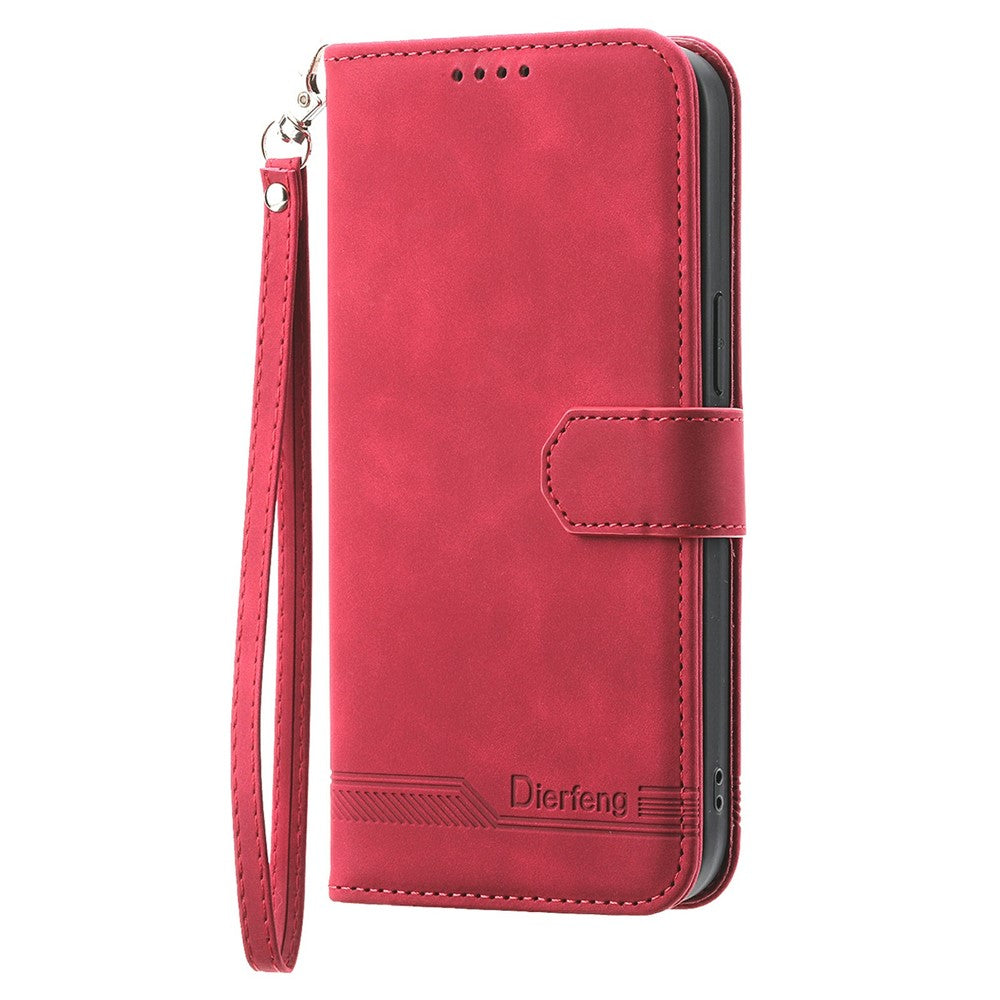 DIERFENG DF-03 For Xiaomi Redmi Note 15 Pro 4G (Global) Case Lines Imprint Wallet Leather Phone Cover with Wrist Strap - Red