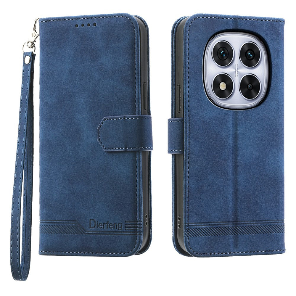 DIERFENG DF-03 For Xiaomi Redmi Note 15 Pro 4G (Global) Case Lines Imprint Wallet Leather Phone Cover with Wrist Strap - Blue