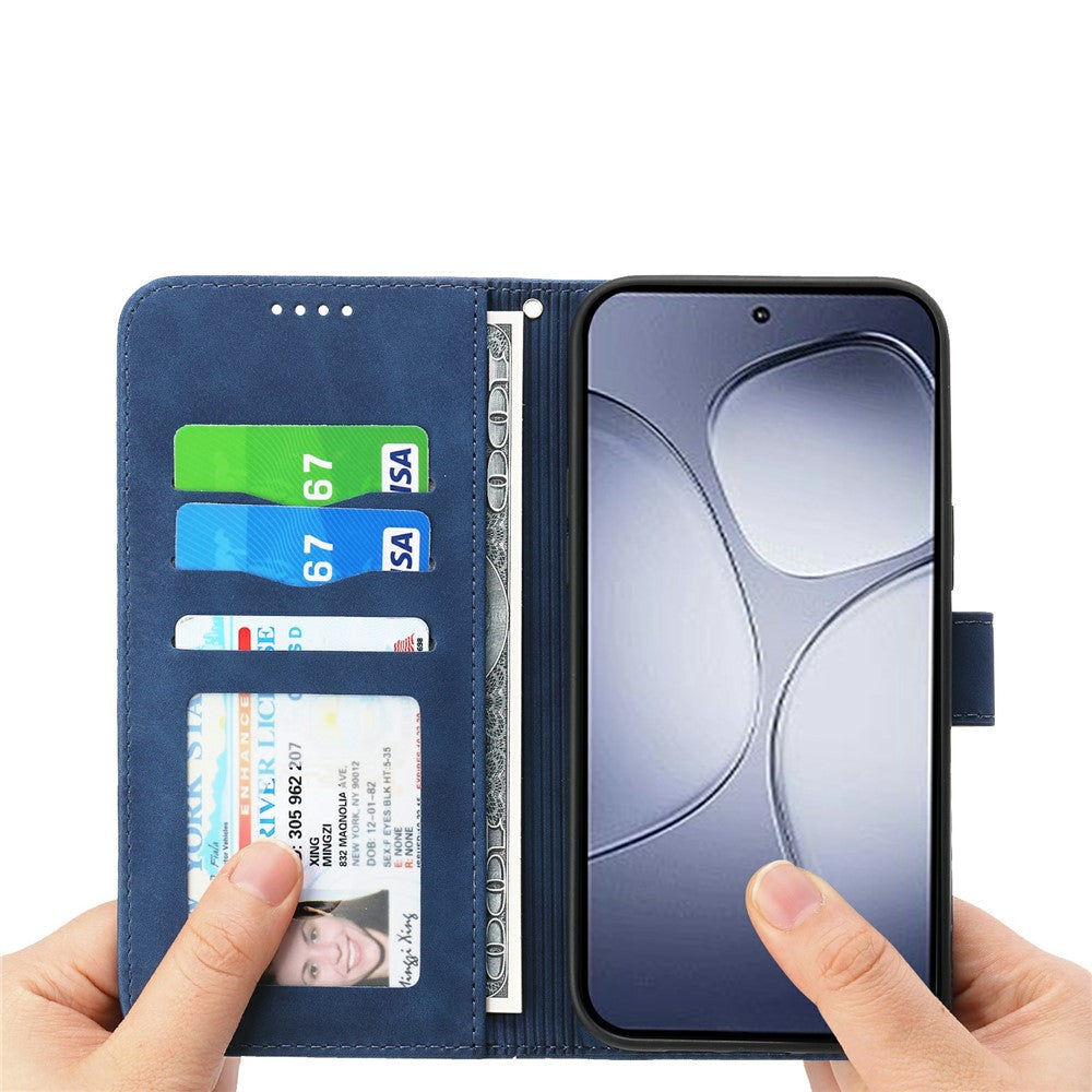 DIERFENG DF-03 For Xiaomi Redmi Note 15 Pro 4G (Global) Case Lines Imprint Wallet Leather Phone Cover with Wrist Strap - Blue