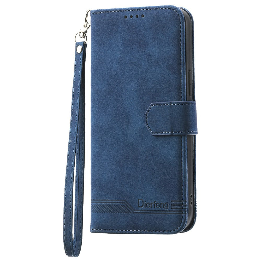 DIERFENG DF-03 For Xiaomi Redmi Note 15 Pro 4G (Global) Case Lines Imprint Wallet Leather Phone Cover with Wrist Strap - Blue
