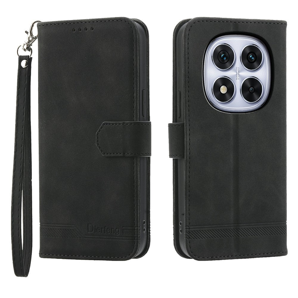 DIERFENG DF-03 For Xiaomi Redmi Note 15 Pro 4G (Global) Case Lines Imprint Wallet Leather Phone Cover with Wrist Strap - Black