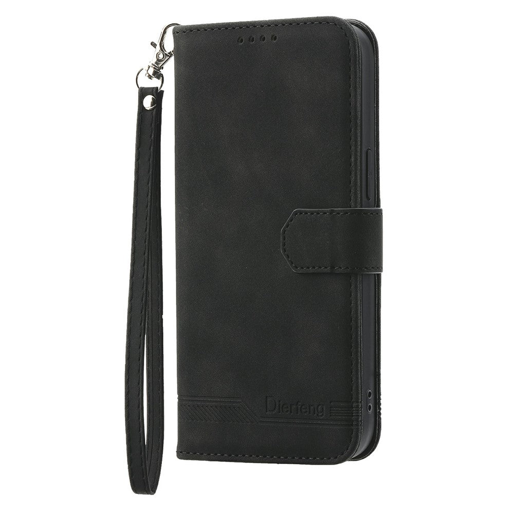 DIERFENG DF-03 For Xiaomi Redmi Note 15 Pro 4G (Global) Case Lines Imprint Wallet Leather Phone Cover with Wrist Strap - Black