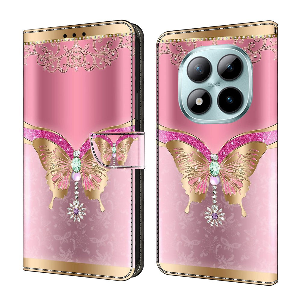 For Xiaomi Poco M8 Pro 5G / Redmi Note 15 Pro+ 5G (Global) Case 3D Pattern PU Leather Wallet Phone Cover with Stand - Pink  /  Gold Butterfly