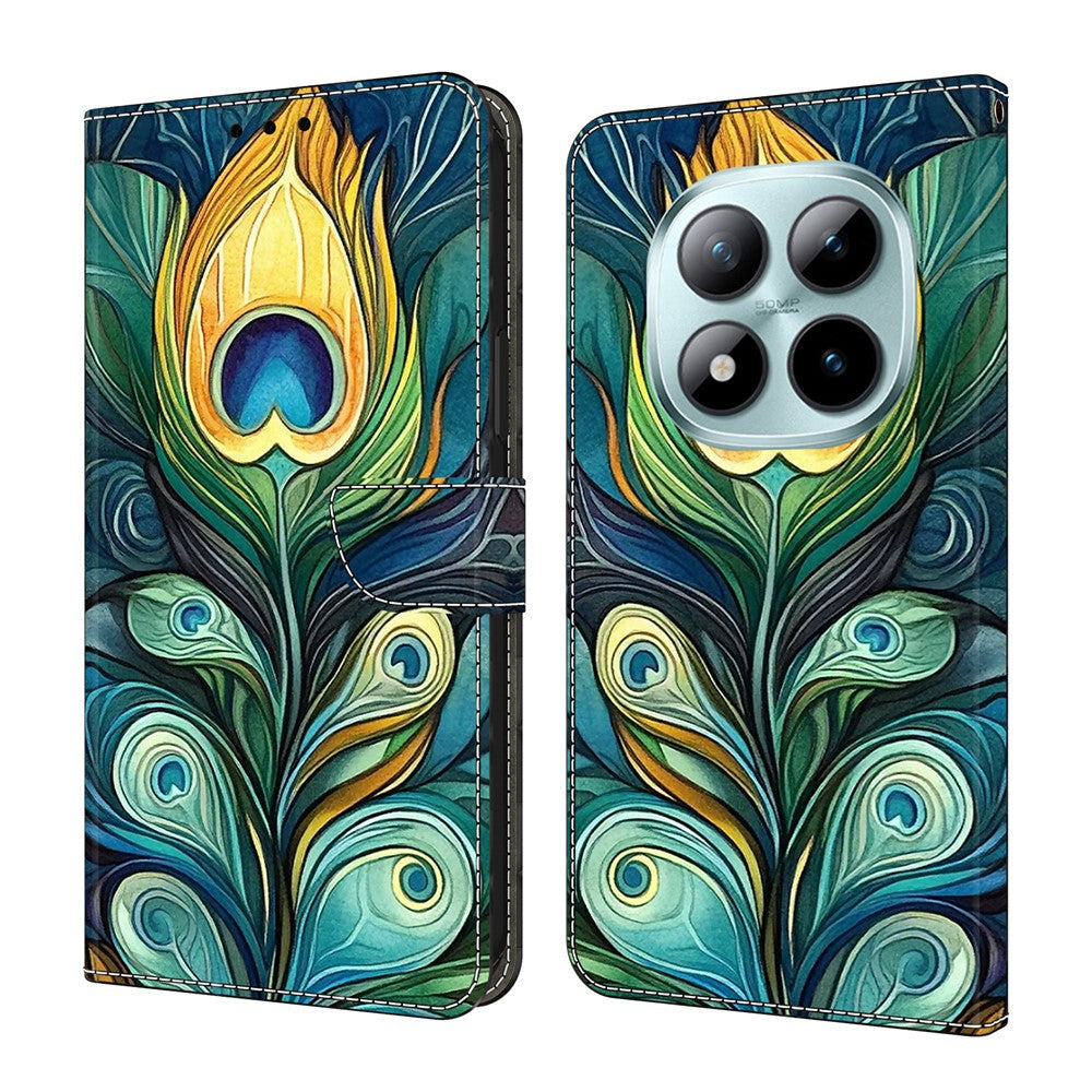 For Xiaomi Redmi Note 15 Pro 5G (Global) Leather Case Pattern Printing Wallet Stand Flip Phone Cover - Green Feathers