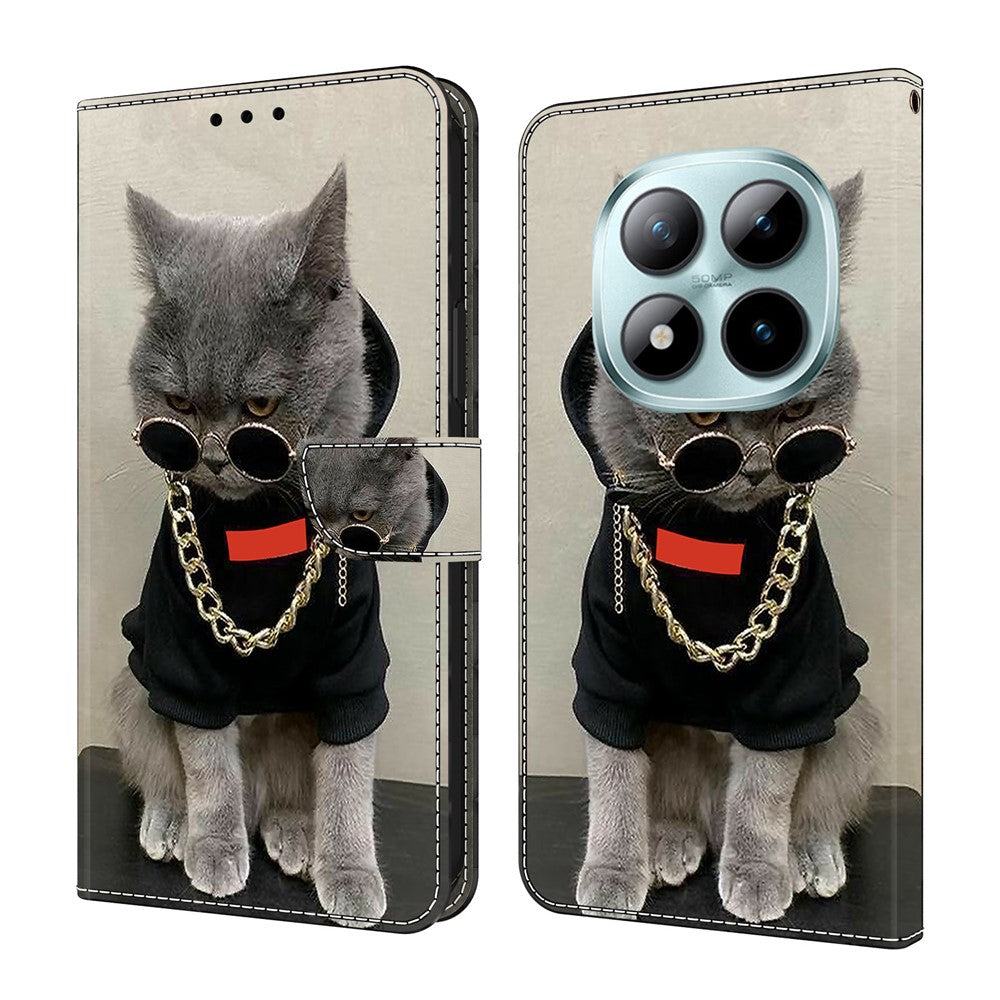 For Xiaomi Poco M8 Pro 5G / Redmi Note 15 Pro+ 5G (Global) Leather Case Pattern Printing Wallet Stand Flip Phone Cover - Cat with Glasses and Necklace