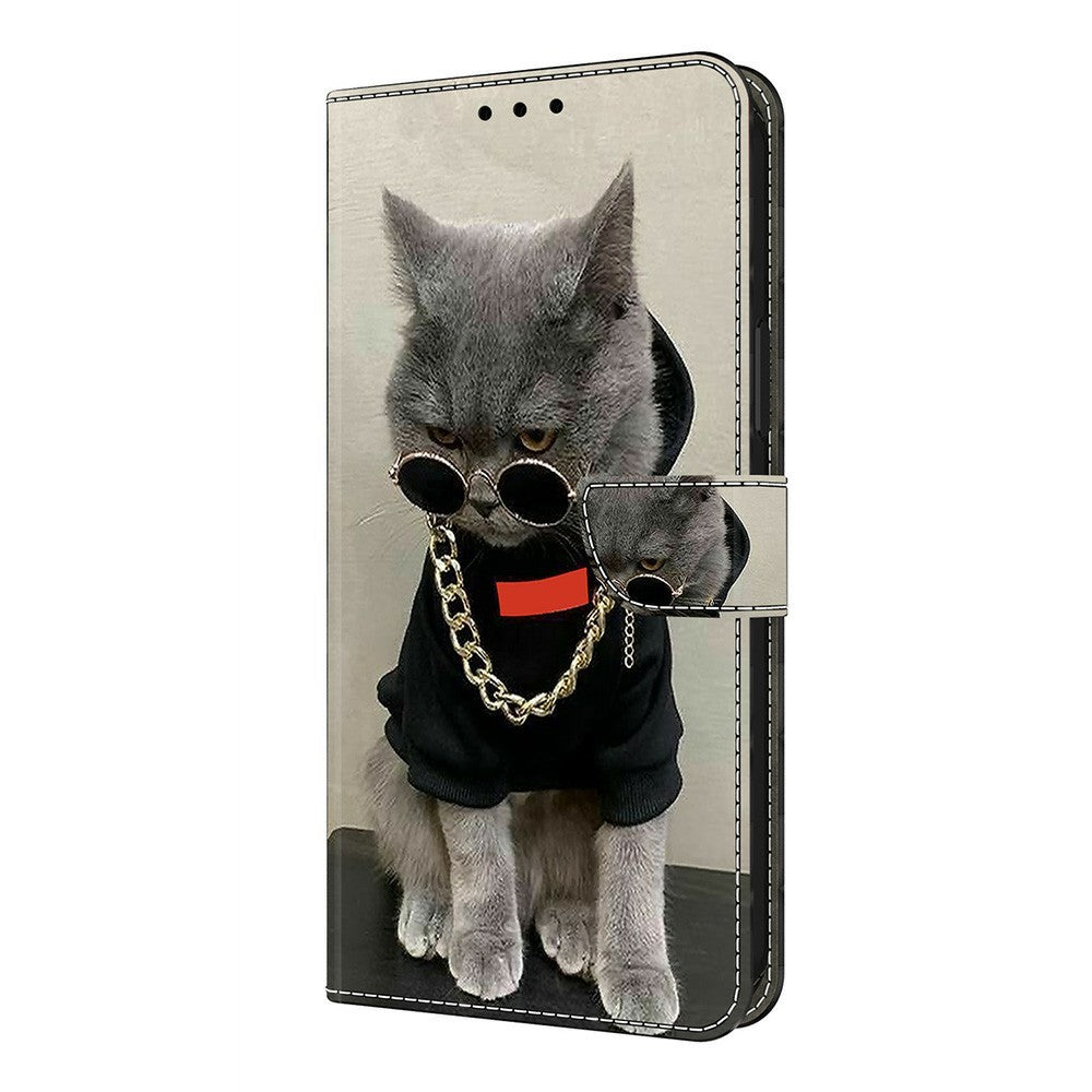 For Xiaomi Poco M8 Pro 5G / Redmi Note 15 Pro+ 5G (Global) Leather Case Pattern Printing Wallet Stand Flip Phone Cover - Cat with Glasses and Necklace
