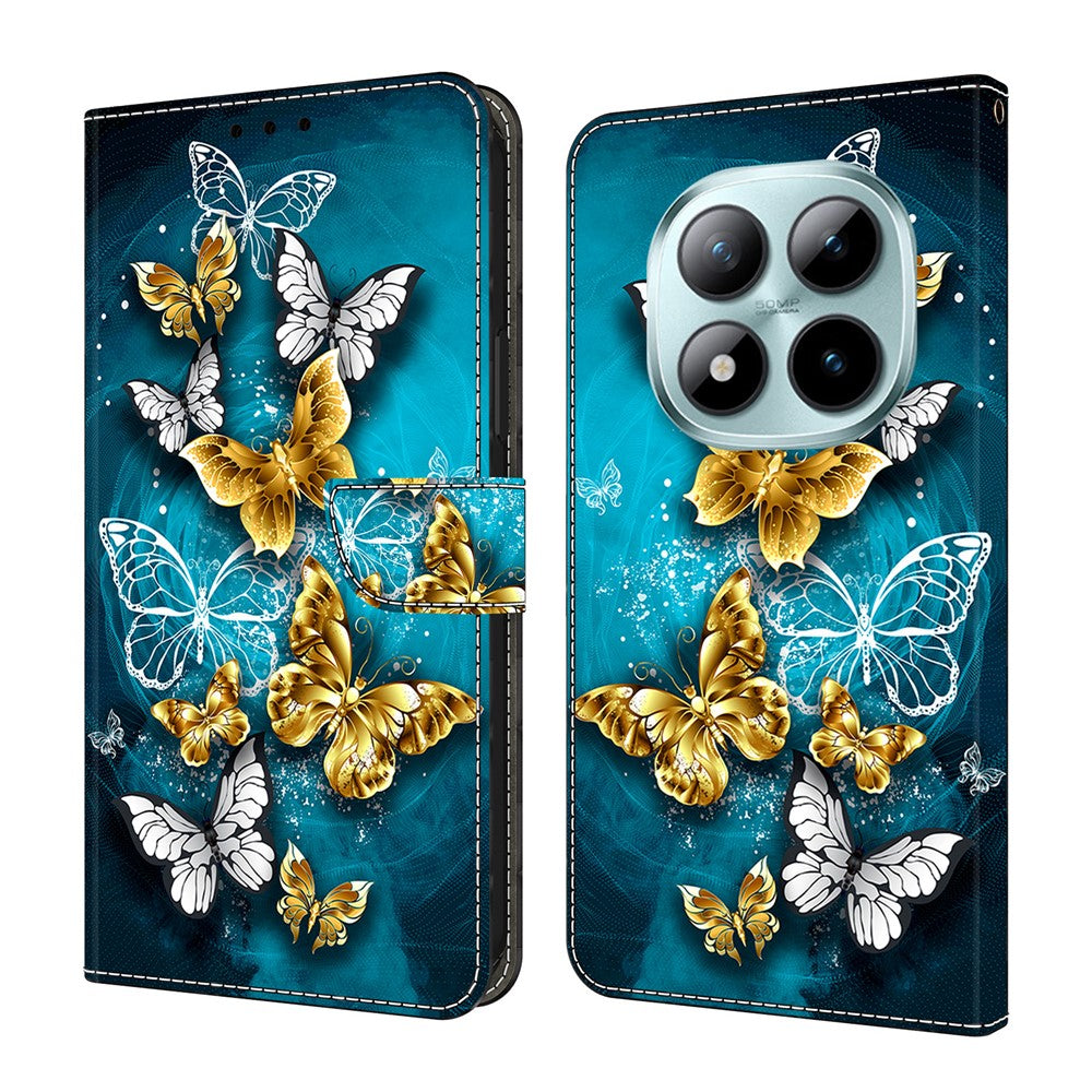 For Xiaomi Poco M8 Pro 5G / Redmi Note 15 Pro+ 5G (Global) Case Wallet Stand Pattern Printing PU Leather Flip Phone Cover - Gold Butterfly on Green