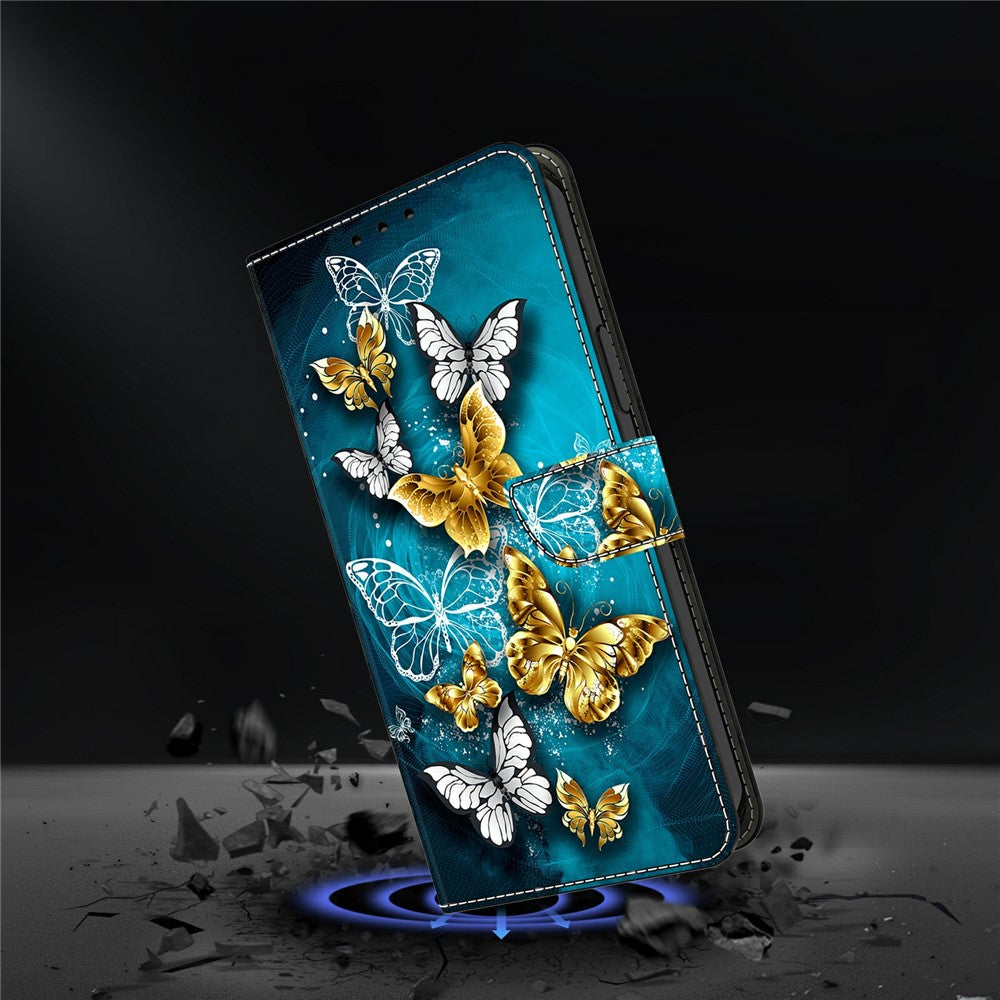 For Xiaomi Poco M8 Pro 5G / Redmi Note 15 Pro+ 5G (Global) Case Wallet Stand Pattern Printing PU Leather Flip Phone Cover - Gold Butterfly on Green