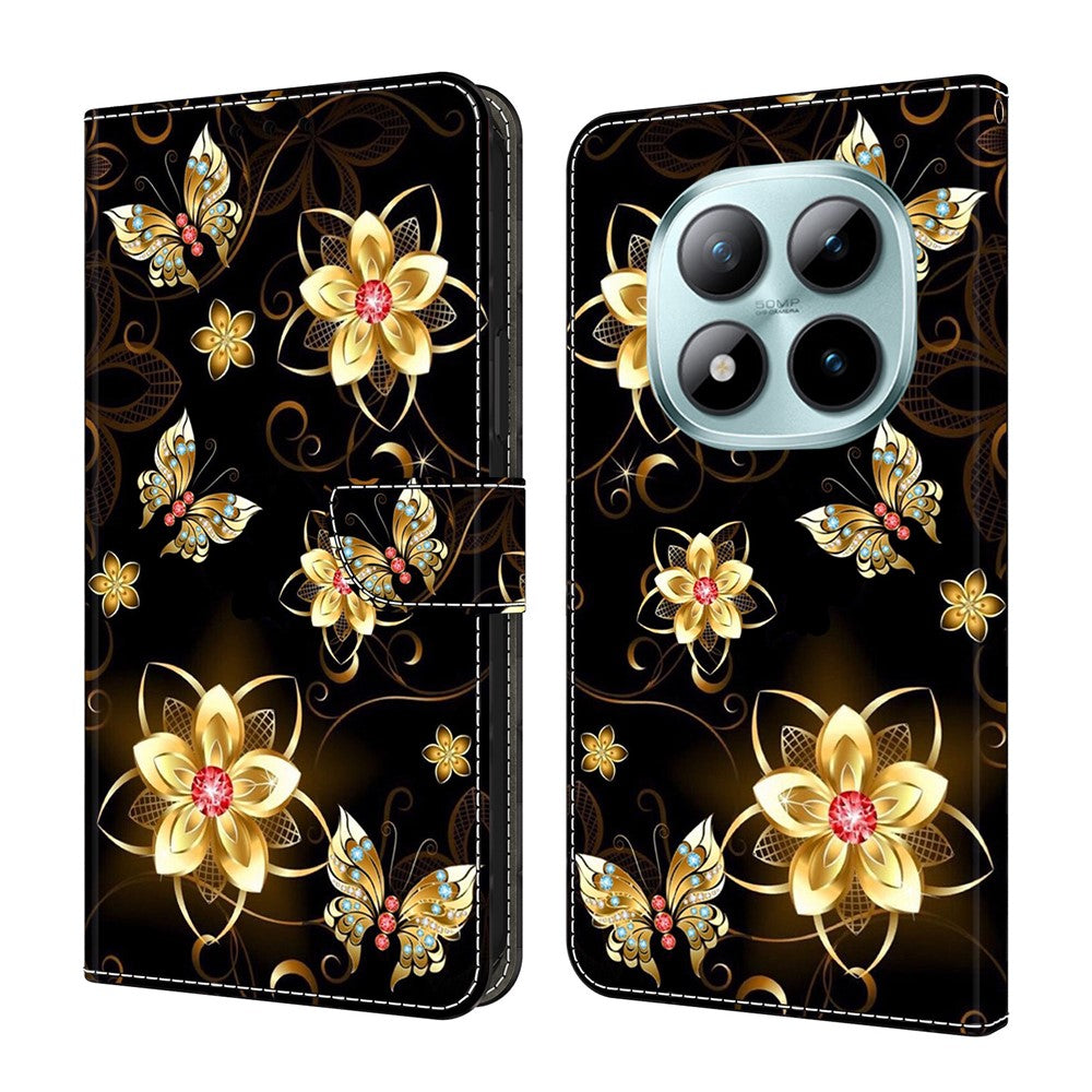 For Xiaomi Redmi Note 15 Pro 5G (Global) Wallet Case Pattern Printing PU Leather Flip Stand Phone Cover - Golden Flowers and Butterflies