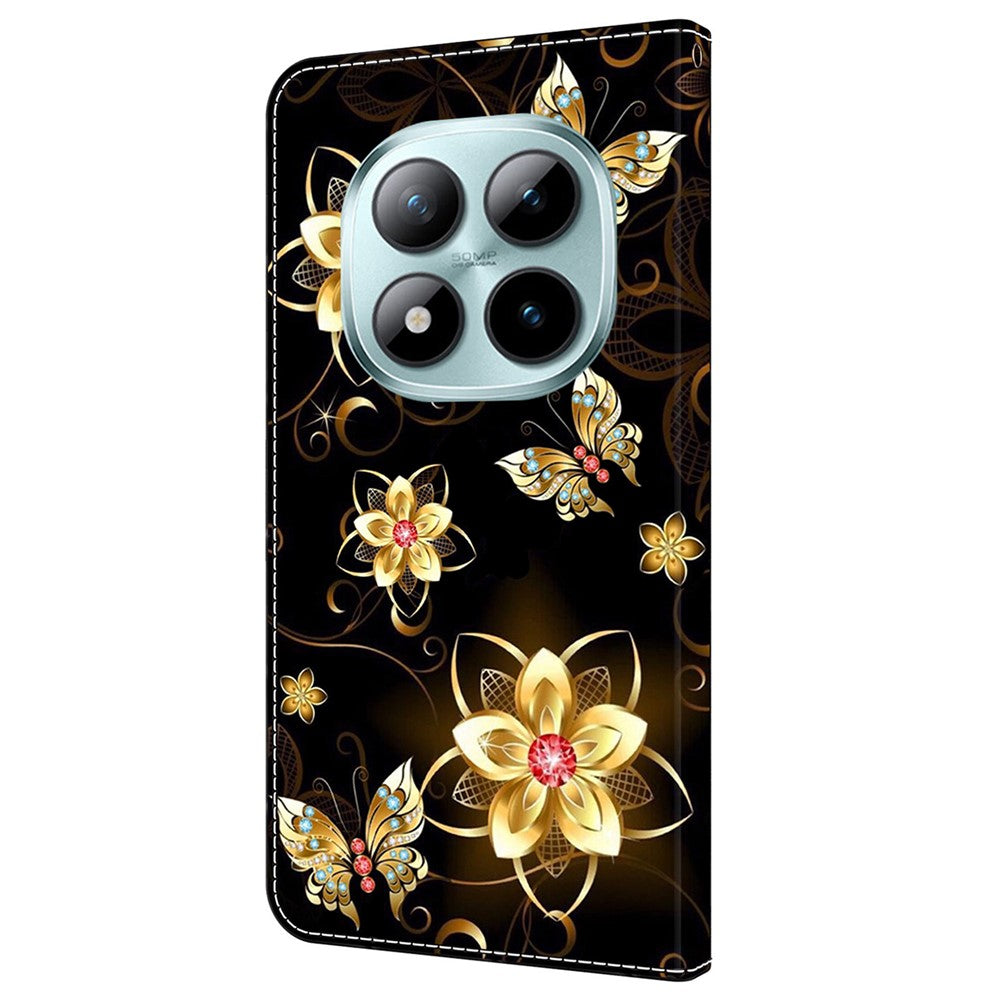 For Xiaomi Redmi Note 15 Pro 5G (Global) Wallet Case Pattern Printing PU Leather Flip Stand Phone Cover - Golden Flowers and Butterflies