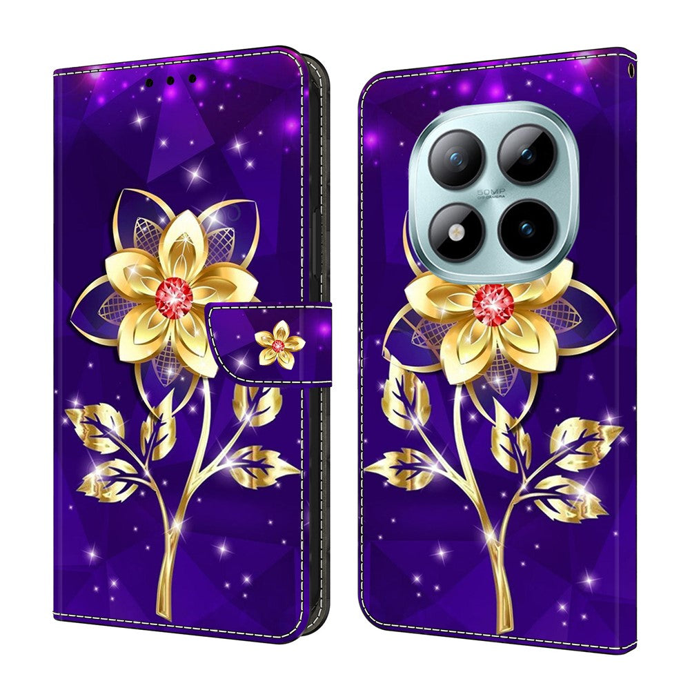 For Xiaomi Redmi Note 15 Pro 5G (Global) Wallet Case Pattern Printing PU Leather Flip Stand Phone Cover - Golden Flowers on Purple