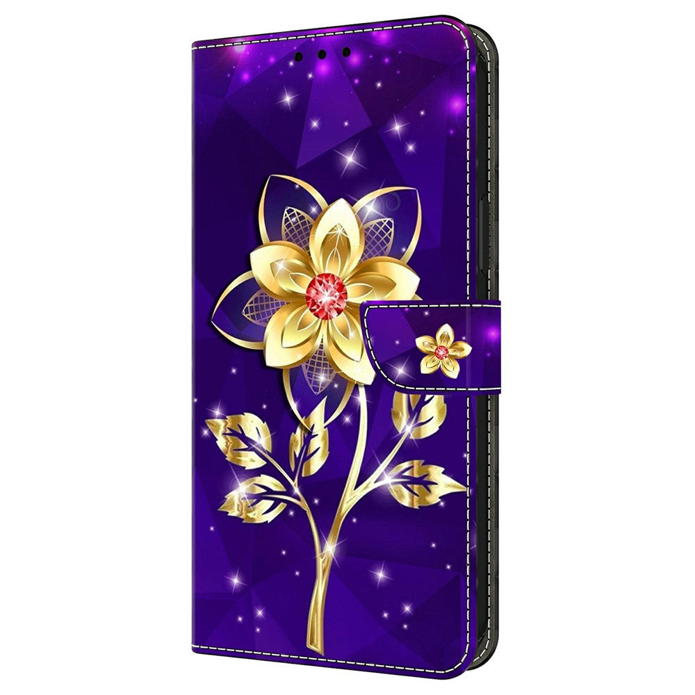 For Xiaomi Poco M8 Pro 5G / Redmi Note 15 Pro+ 5G (Global) Wallet Case Pattern Printing PU Leather Flip Stand Phone Cover - Golden Flowers on Purple