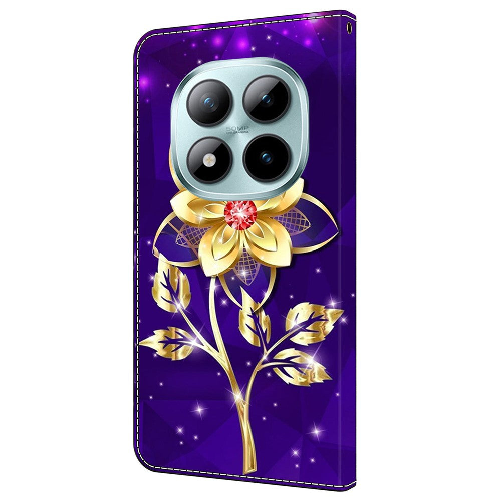 For Xiaomi Poco M8 Pro 5G / Redmi Note 15 Pro+ 5G (Global) Wallet Case Pattern Printing PU Leather Flip Stand Phone Cover - Golden Flowers on Purple