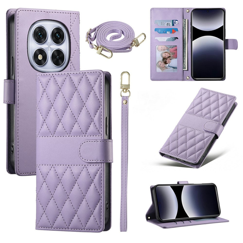 For Xiaomi Redmi Note 15 Pro 4G (Global) Wallet Case Rhombus Stitching Stand Leather Phone Cover with Long / Short Strap - Purple