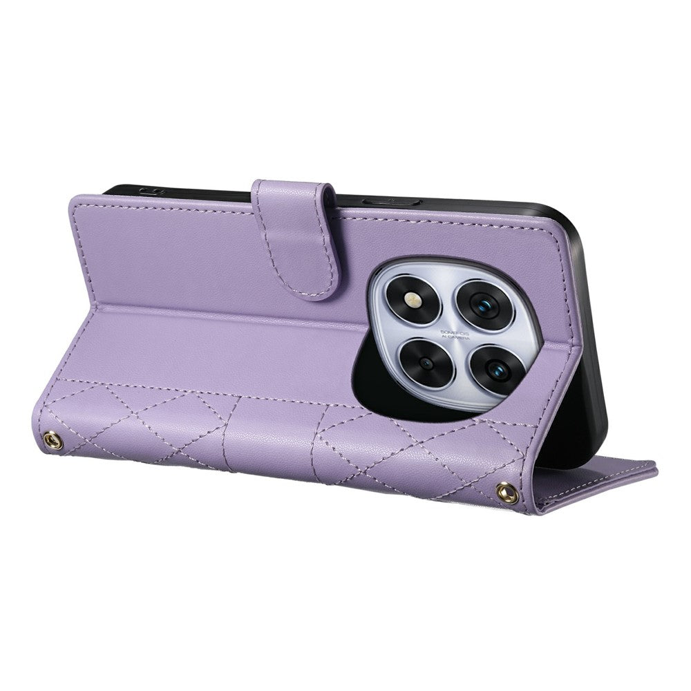 For Xiaomi Redmi Note 15 Pro 4G (Global) Wallet Case Rhombus Stitching Stand Leather Phone Cover with Long / Short Strap - Purple