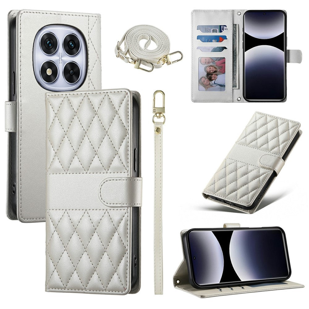 For Xiaomi Redmi Note 15 Pro 4G (Global) Wallet Case Rhombus Stitching Stand Leather Phone Cover with Long / Short Strap - Beige