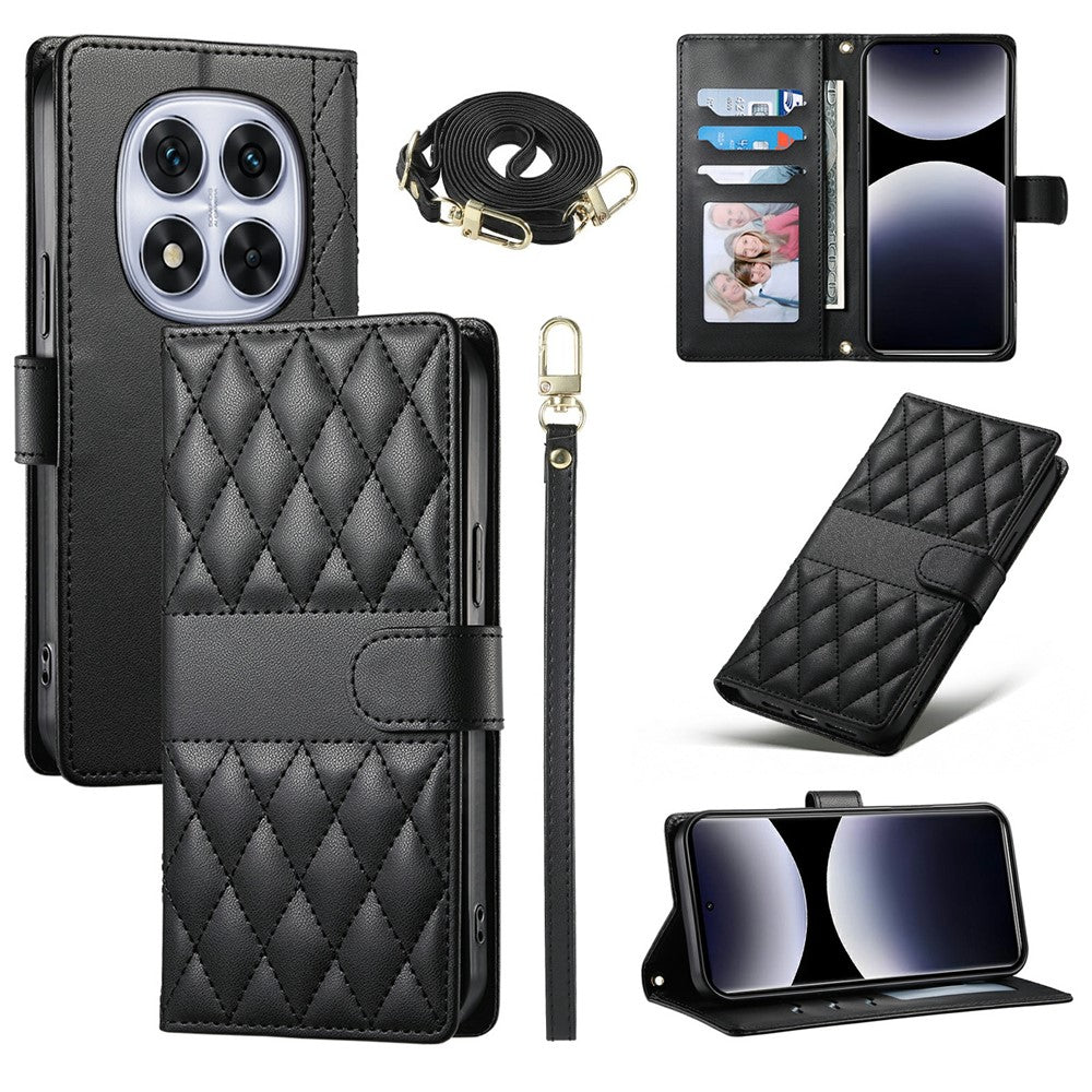 For Xiaomi Redmi Note 15 Pro 4G (Global) Wallet Case Rhombus Stitching Stand Leather Phone Cover with Long / Short Strap - Black
