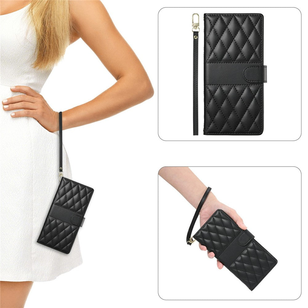 For Xiaomi Redmi Note 15 Pro 4G (Global) Wallet Case Rhombus Stitching Stand Leather Phone Cover with Long / Short Strap - Black