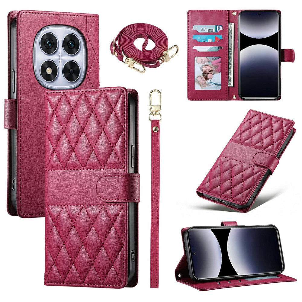 For Xiaomi Redmi Note 15 Pro 4G (Global) Wallet Case Rhombus Stitching Stand Leather Phone Cover with Long / Short Strap - Red