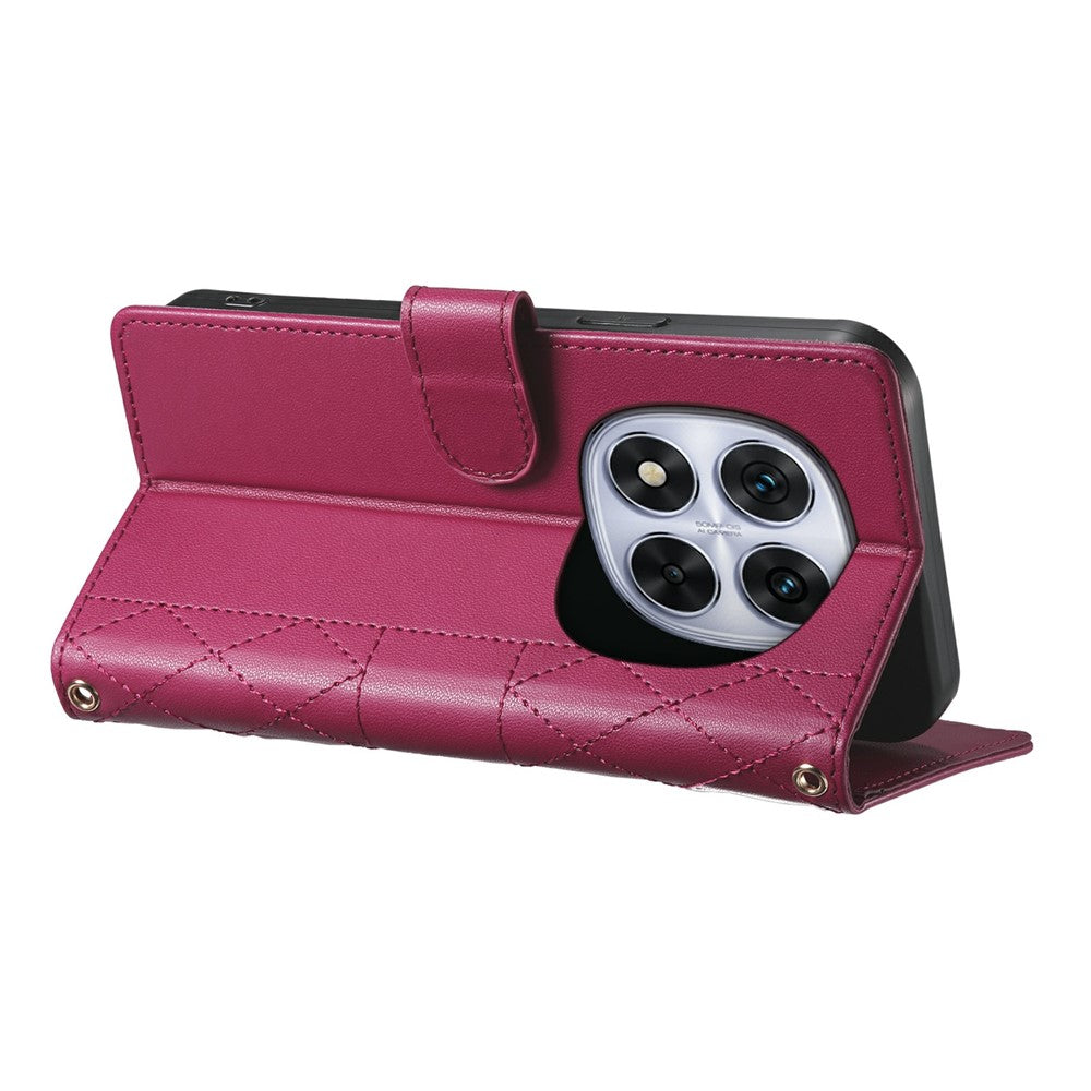 For Xiaomi Redmi Note 15 Pro 4G (Global) Wallet Case Rhombus Stitching Stand Leather Phone Cover with Long / Short Strap - Red