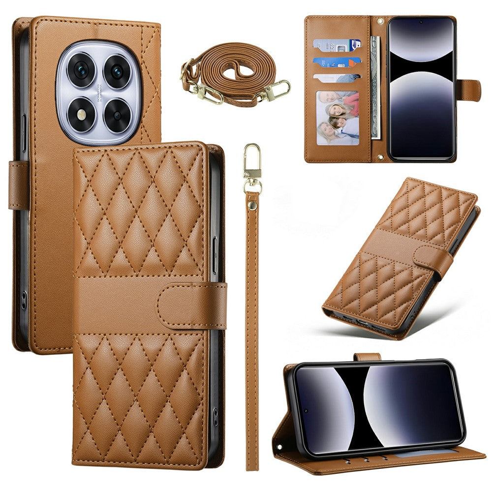 For Xiaomi Redmi Note 15 Pro 4G (Global) Wallet Case Rhombus Stitching Stand Leather Phone Cover with Long / Short Strap - Brown