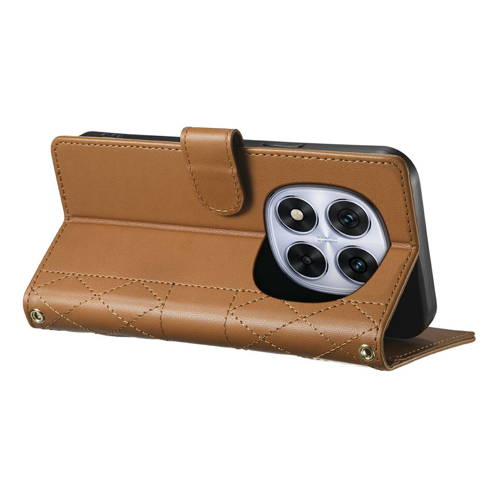 For Xiaomi Redmi Note 15 Pro 4G (Global) Wallet Case Rhombus Stitching Stand Leather Phone Cover with Long / Short Strap - Brown