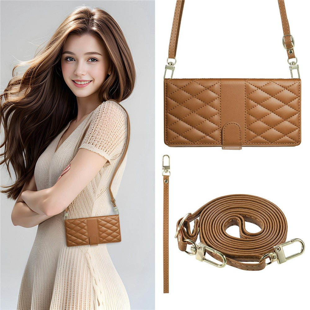 For Xiaomi Redmi Note 15 Pro 4G (Global) Wallet Case Rhombus Stitching Stand Leather Phone Cover with Long / Short Strap - Brown