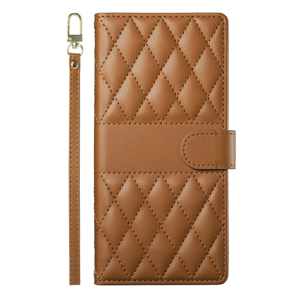 For Xiaomi Redmi Note 15 Pro 4G (Global) Wallet Case Rhombus Stitching Stand Leather Phone Cover with Long / Short Strap - Brown