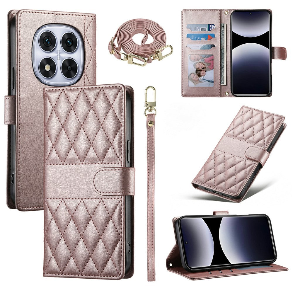 For Xiaomi Redmi Note 15 Pro 4G (Global) Wallet Case Rhombus Stitching Stand Leather Phone Cover with Long / Short Strap - Rose Gold