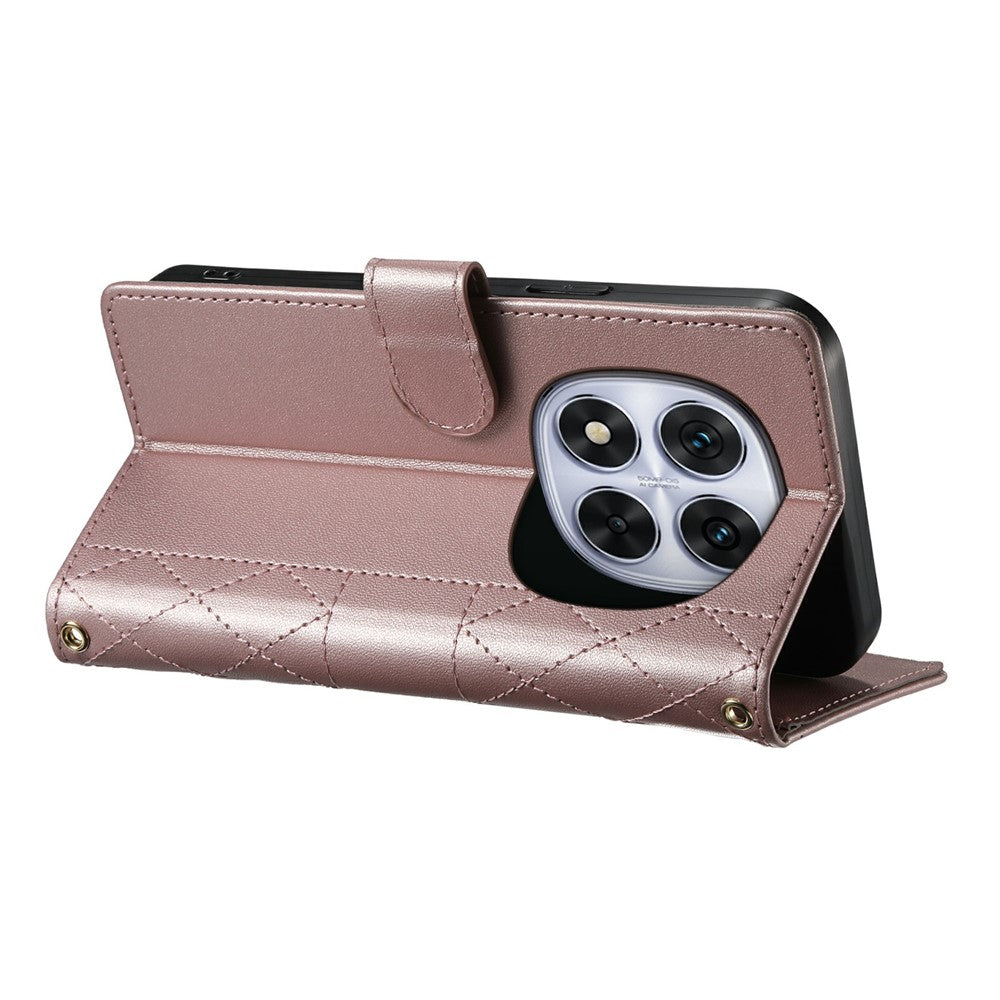 For Xiaomi Redmi Note 15 Pro 4G (Global) Wallet Case Rhombus Stitching Stand Leather Phone Cover with Long / Short Strap - Rose Gold