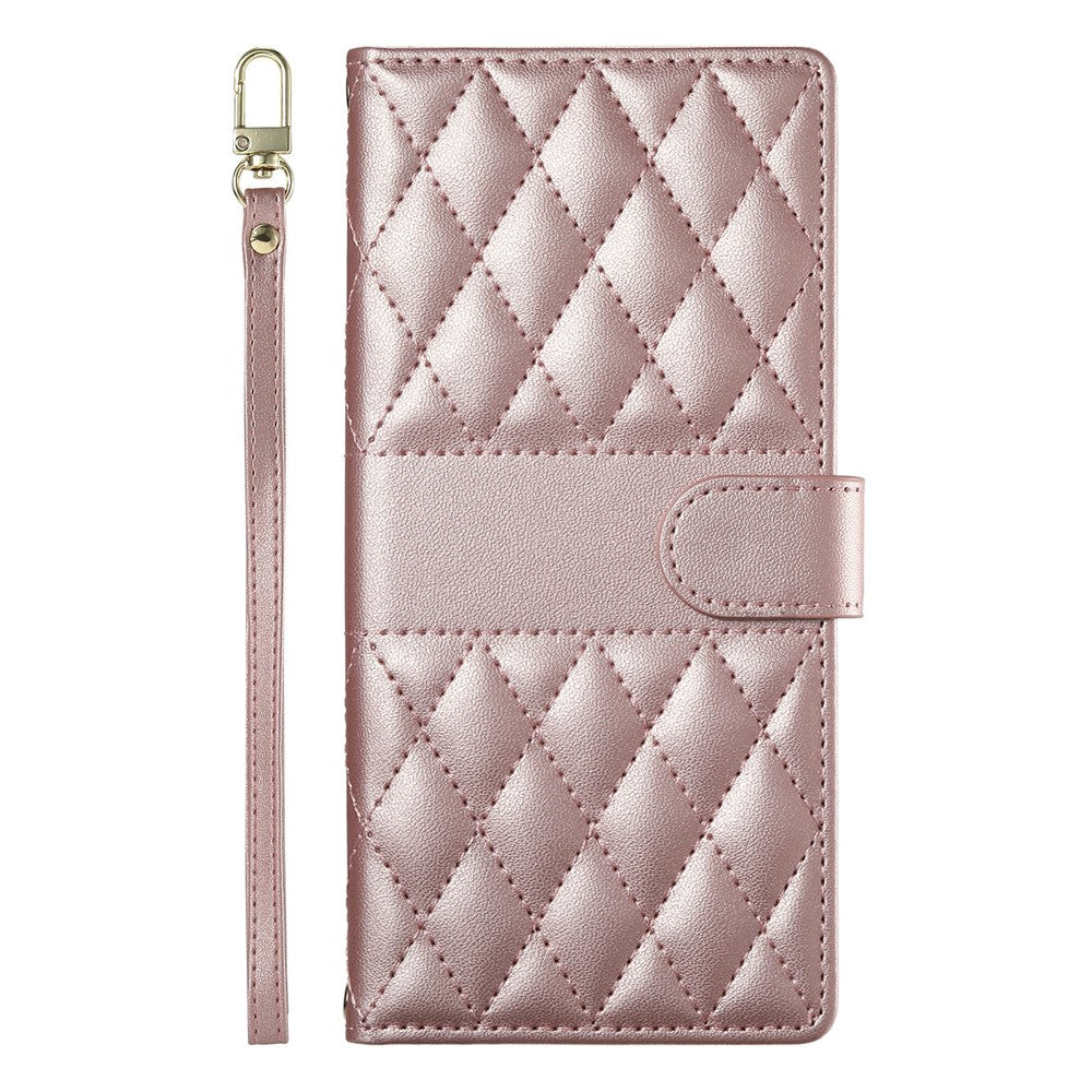 For Xiaomi Redmi Note 15 Pro 4G (Global) Wallet Case Rhombus Stitching Stand Leather Phone Cover with Long / Short Strap - Rose Gold