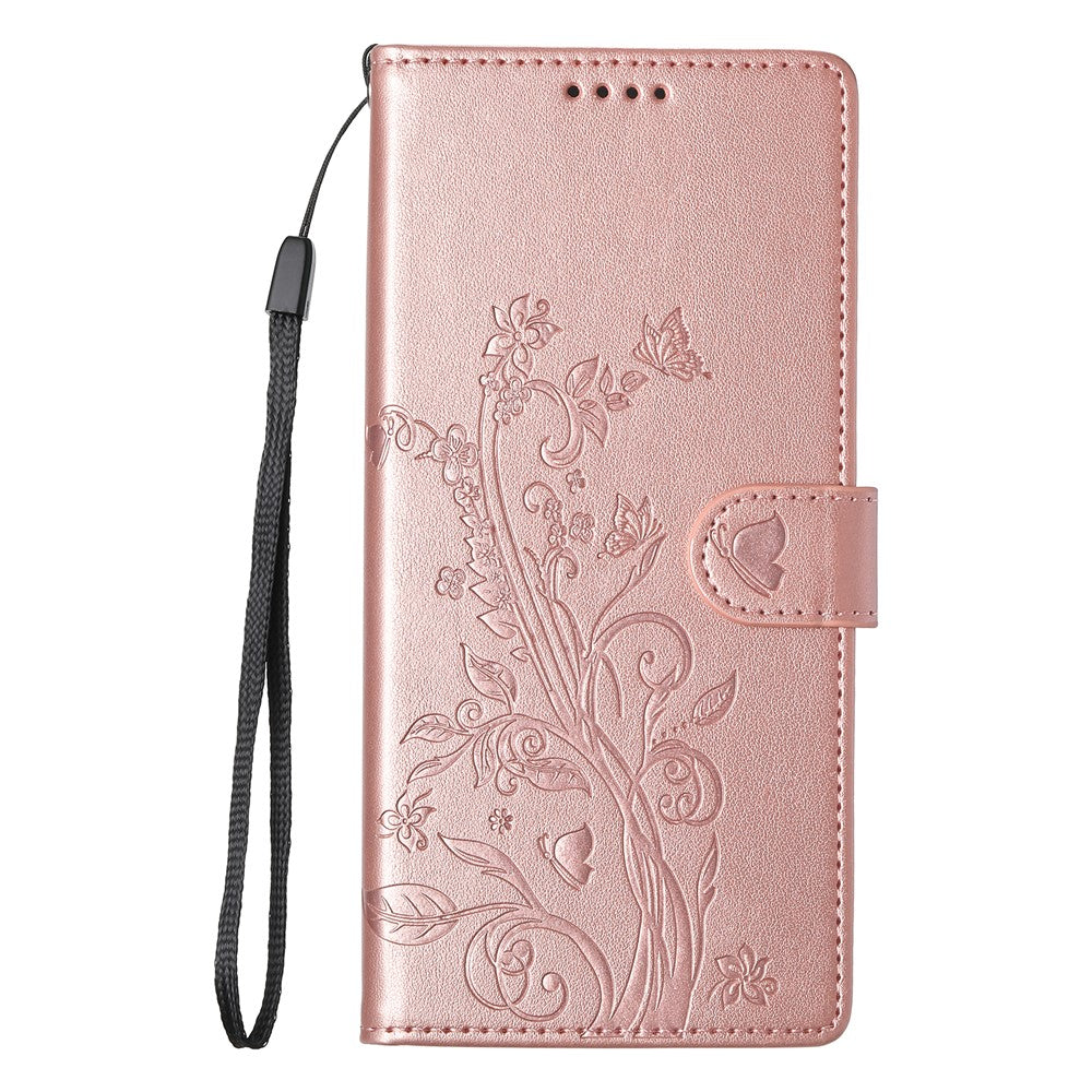 For Xiaomi Redmi Note 15 Pro 4G (Global) Wallet Case Butterfly Floral Imprint PU Leather Phone Cover with Wrist Strap - Rose Gold